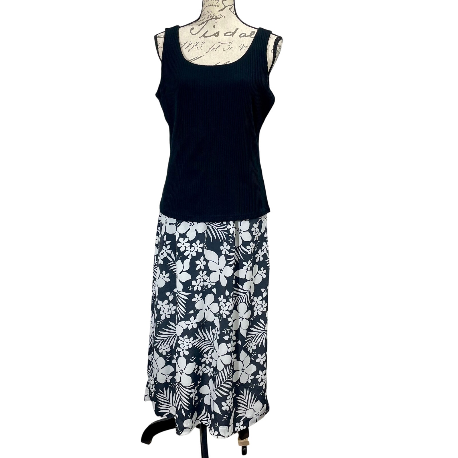 Vintage 90s Ultra Dress Ny Ribbed Knit Tank Dress Mixed Media Floral Y2k Sz 14